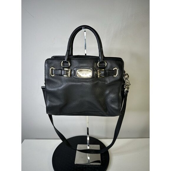 Michael Kors Hamilton Bag Black Leather Crossbody Gold Chain Large Size - Picture 1 of 12